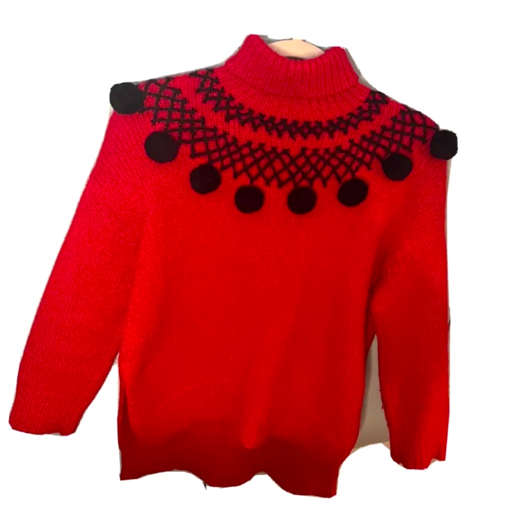 Kate Spade Small Christmas Sweater Pompom Wool Red Black Weaved Turtleneck Knit